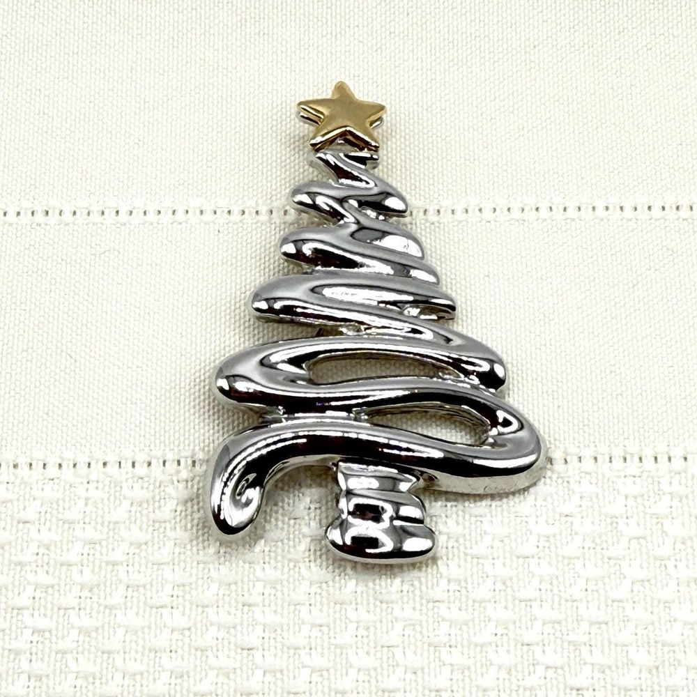 Vintage Cookie Lee Silver/Gold Tone Zig Zag Christmas Tree w/ Star Brooch